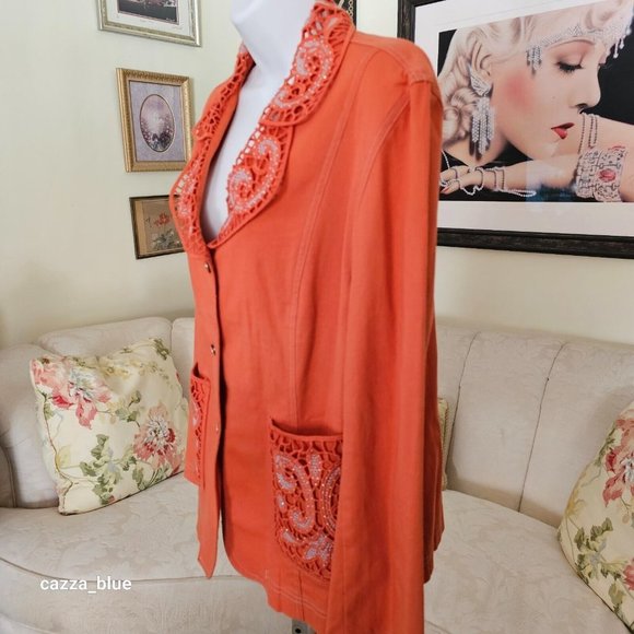 MOFFI International Vintage Tailored Women's Plus Size Orange Denim Jacket - Picture 3 of 14